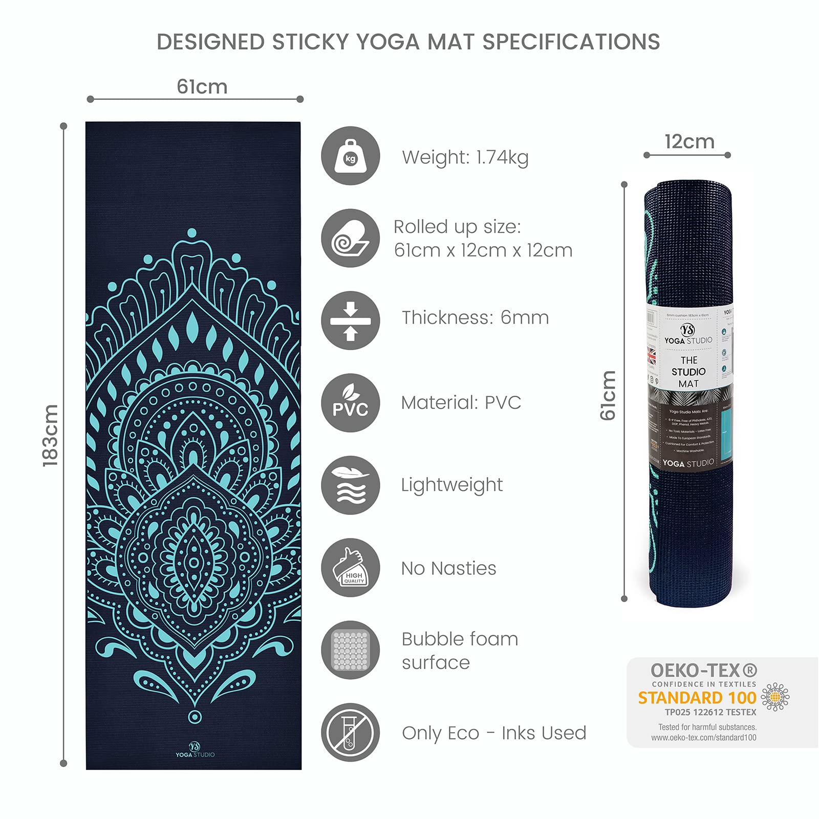 Von Yoga Studio entworfene Yogamatte – 183 cm x 61 cm große Mandala-Matte, 6 mm dicke rutschfeste Yogamatte, reißfeste PVC-Matte