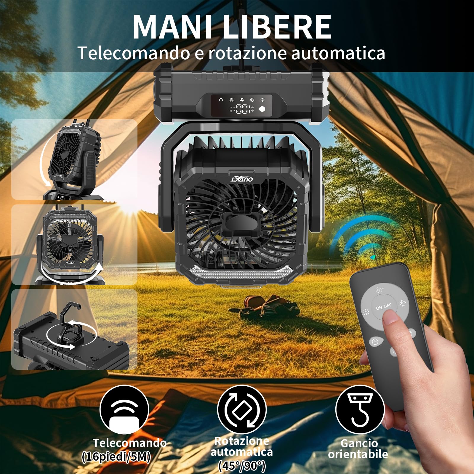 Ventilatore da Campeggio Portatile 20000mAh con Nebulizzatore e Luce LED – Ricaricabile, con Gancio e Telecomando, Ideale per Esterno, Tenda e Spiaggia - Nero | Ricaricabile,con Luce LED,con Gancio e Telecomando, Ideale per Esterno, Tenda e Spiaggia
