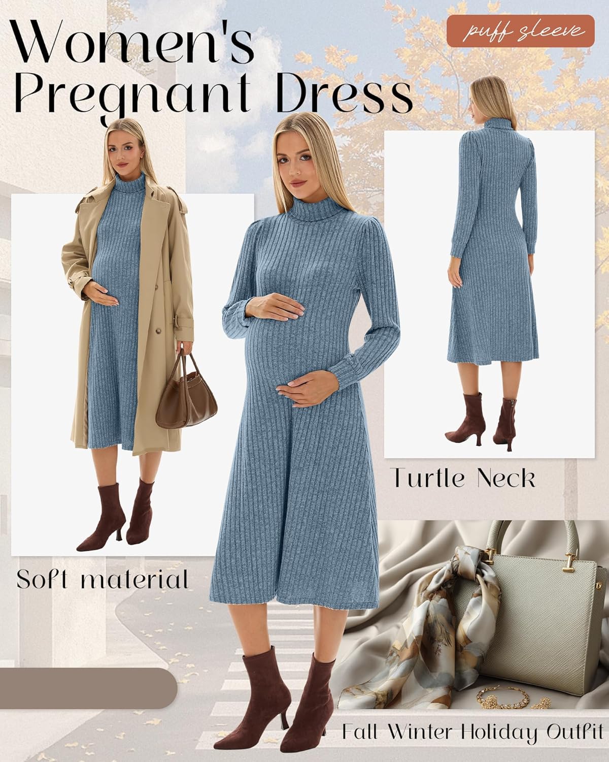 Women's Maternity Sweater Dress, Turtleneck Long Sleeve Knit Pregnant Puff Sleeve D... - Image 6