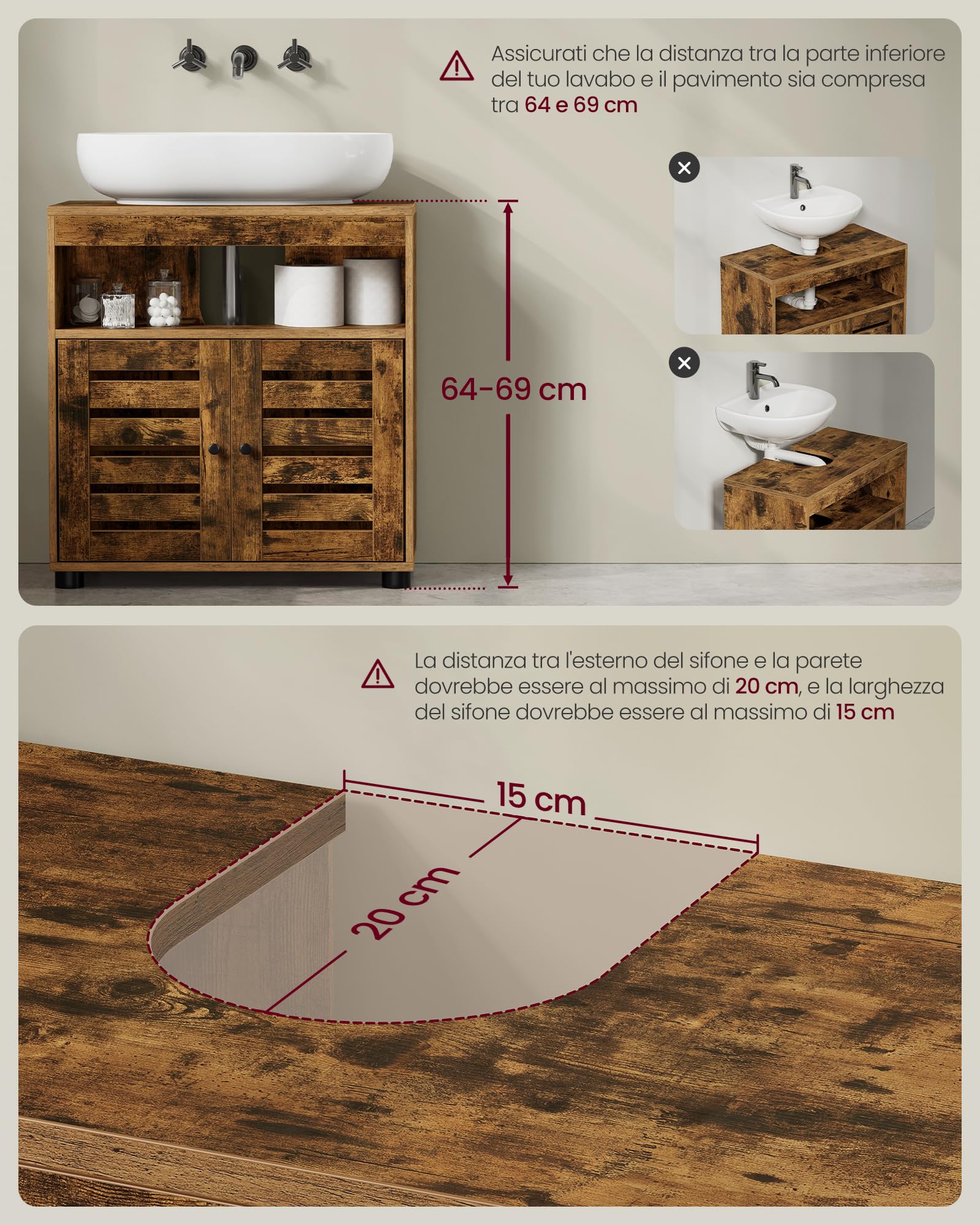 VASAGLE Mobile Sottolavabo, Mobiletto da Bagno, Armadietto Portaoggetti, 30 x 60 x 64 cm, Adatto a Lavabi senza Colonna, con Doppia Anta a Persiana, Ripiano Regolabile, Marrone Vintage BBK04BX