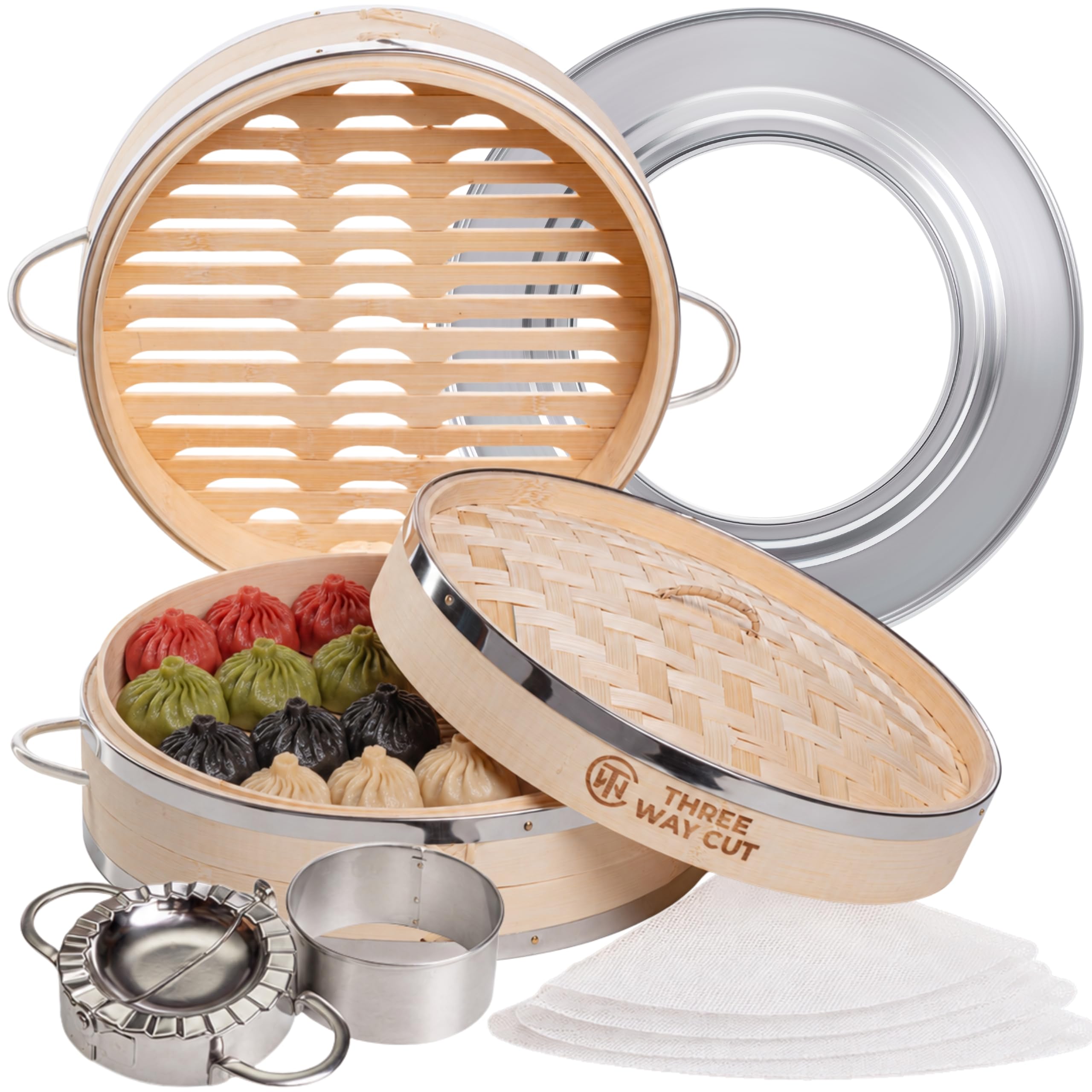 Three Way Cut Dumpling Steamer with Rims and Handles