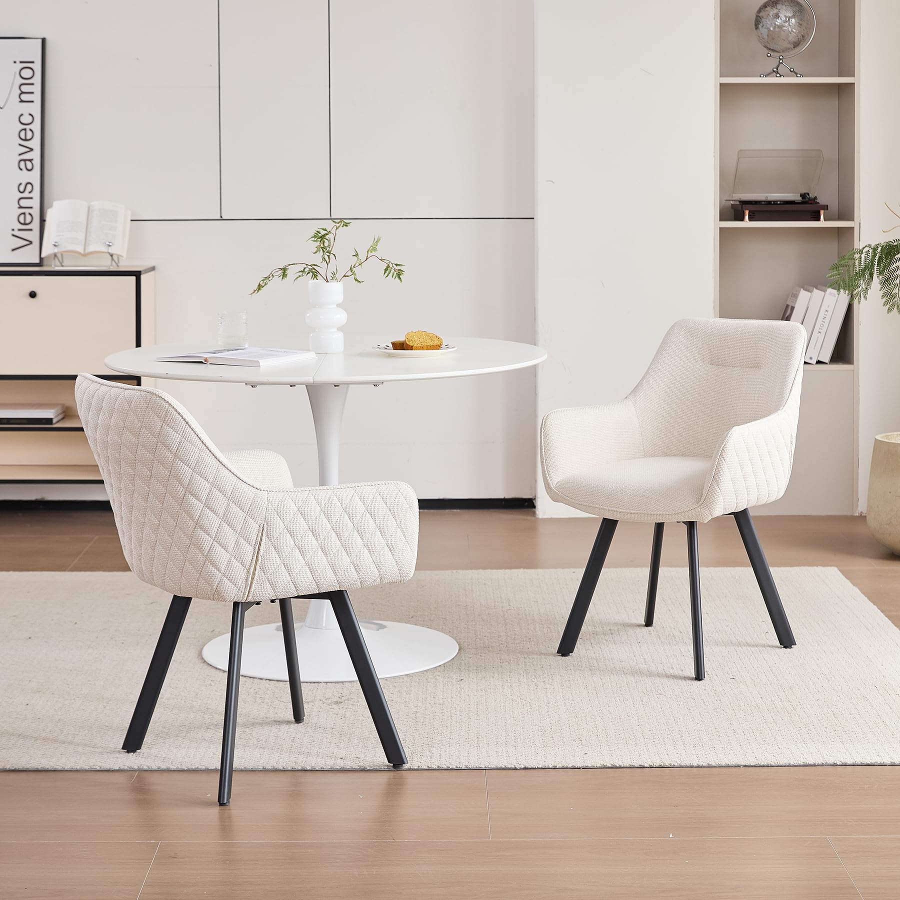Sillas de Comedor Giratorias Pack de 2, Butacas Tapizadas con Reposabrazos, Moderna de Tela y Metal, para Salón, Beige