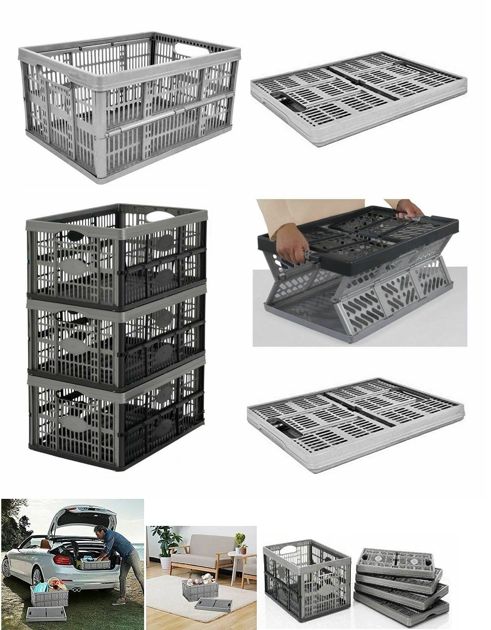 Monal 32L Plastic Folable Collapsible Crates, Folding Crate, Storage Container Basket Toys Books Paperwork Shopping Kitchen Organisation Stackable Boxes (Pack of Crates 5)