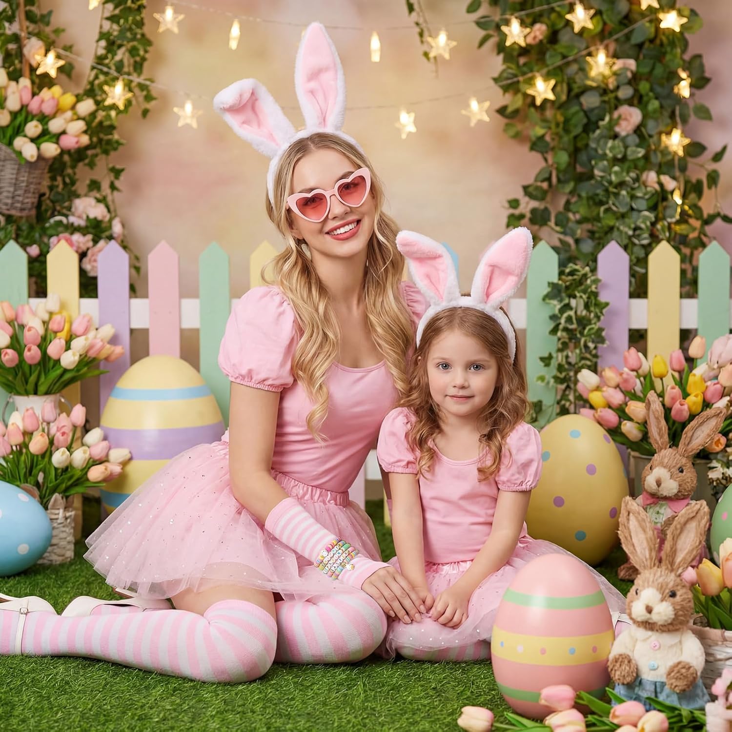 Jadive 7 Pcs Women Easter Bunny Costume Accessory Set with Ears Headband Tail Pink Tutu Heart Sunglasses Striped Stocking Gloves Colorful Bead Bracelets Bunny Cosplay Dress up Party Supplies