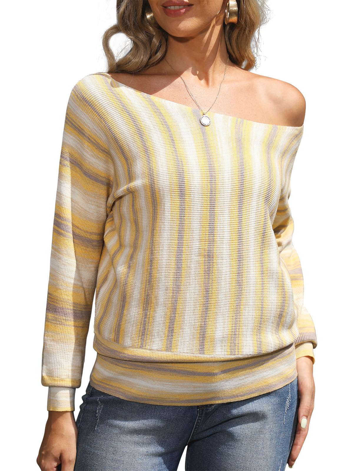 Feiersi Womens Off Shoulder Sweater Long Sleeve Loose Pullover Knit Jumper