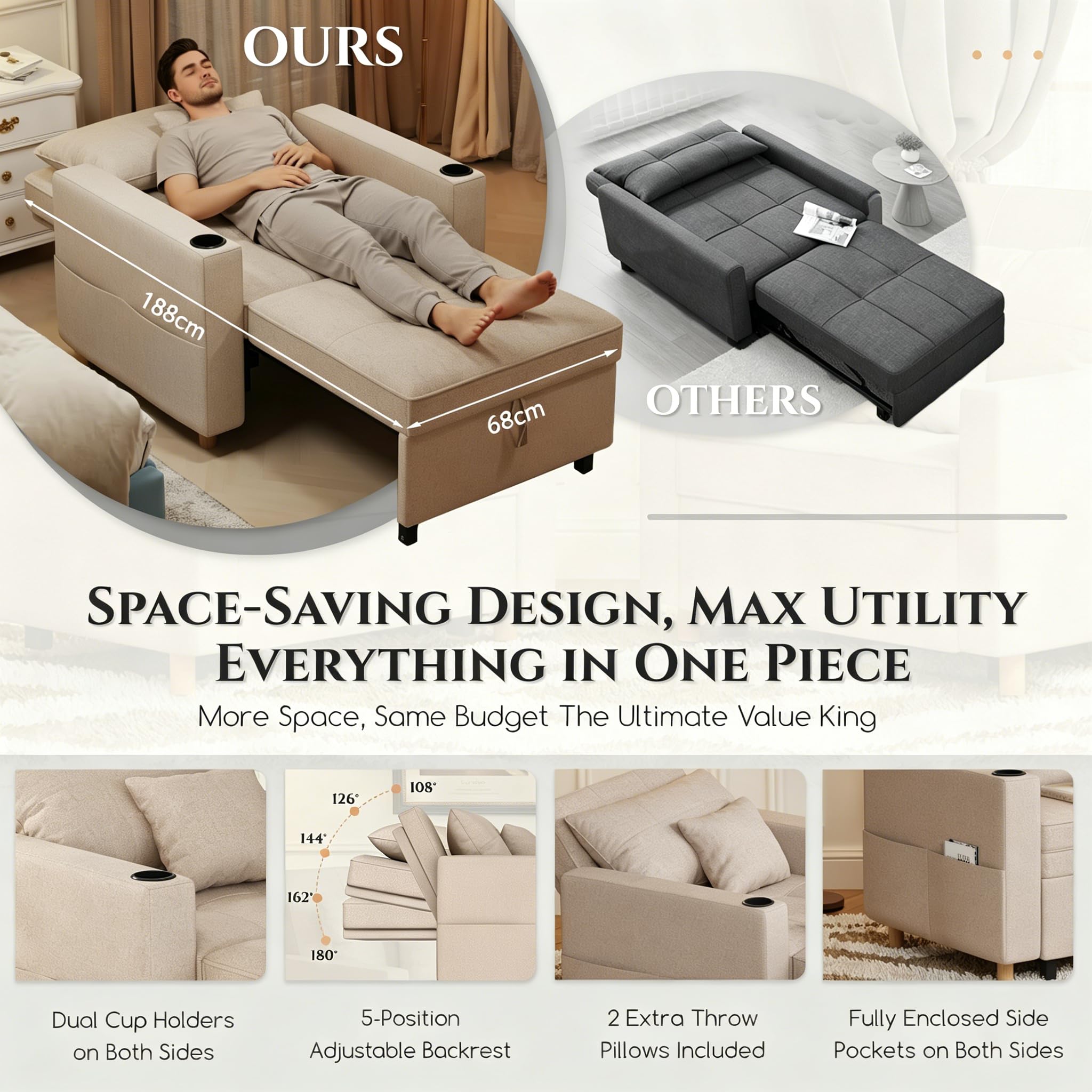 YODOLLA Schlafsofa, 93cm Extrabreit Schlafsessel mit Bettfunktion, Verstellbarer Rückenlehne, Getränkehalter, 3-in-1 Schlafcouch Einzelsessel mit Bettkasten&Schlaffunktion für Wohnzimmer, Beige