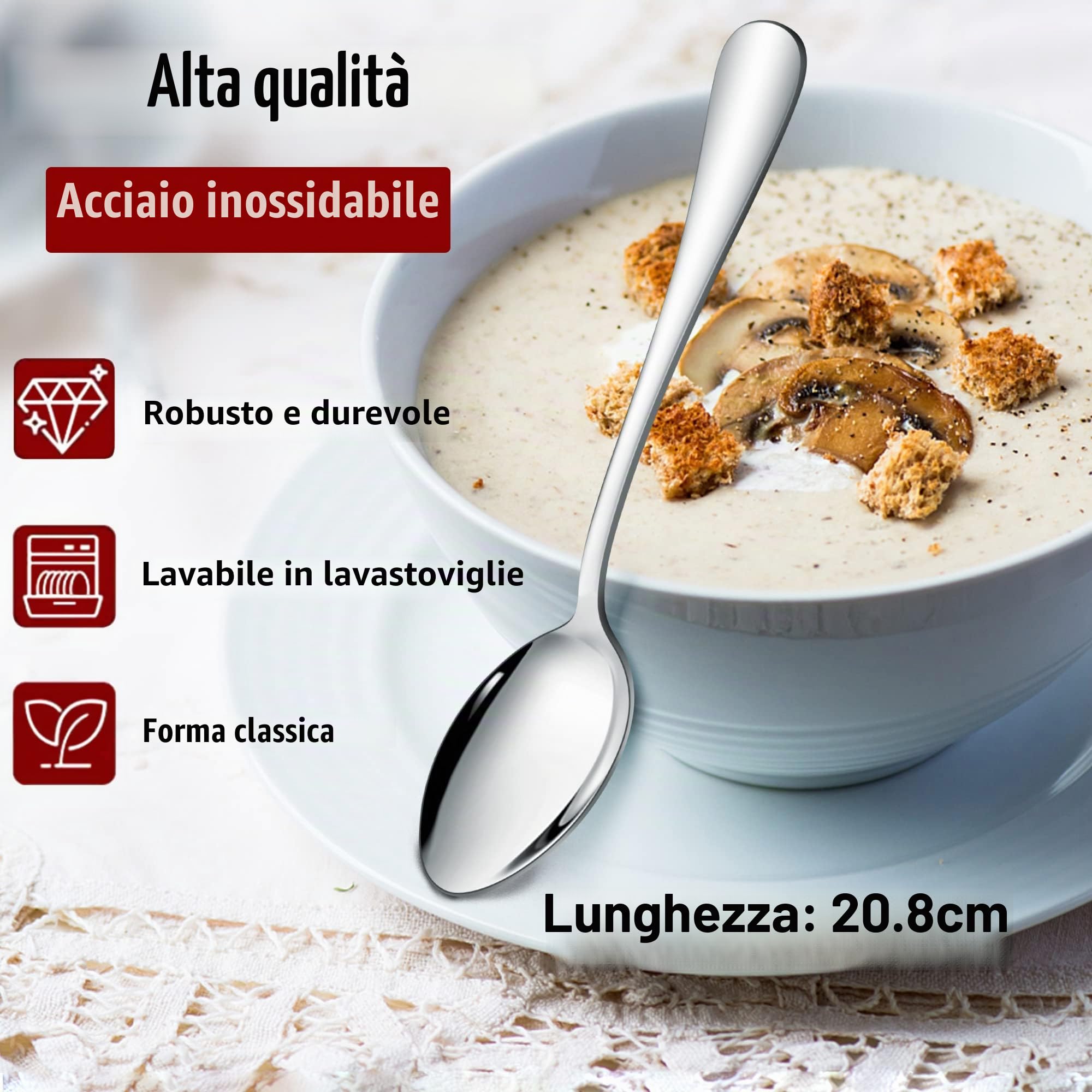 Joyfair - Set di 12 cucchiai da tavola in acciaio inox, 20,8 cm, cucchiai moderni per cucina/casa/ristorante, manici rotondi e bordi lisci, lavabili in lavastoviglie