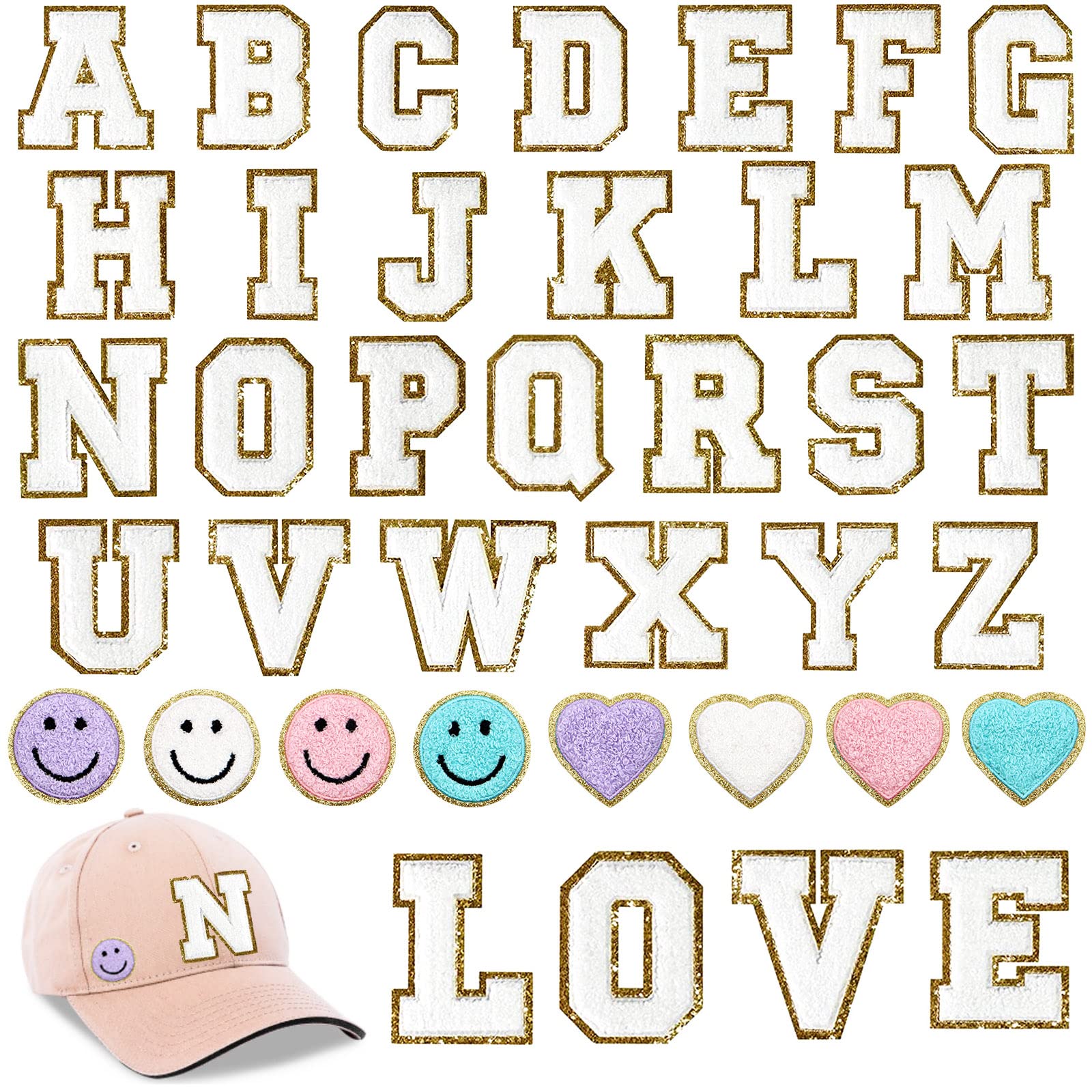 34 PCS Chenille Letter Patches, ZYNERY A-Z Iron On Letter Patches Smiley Face Heart Patches, Varsity Letter Patches for Clothes Backpacks Hats, Stick On Patches Embroidered Repair Patches (White)