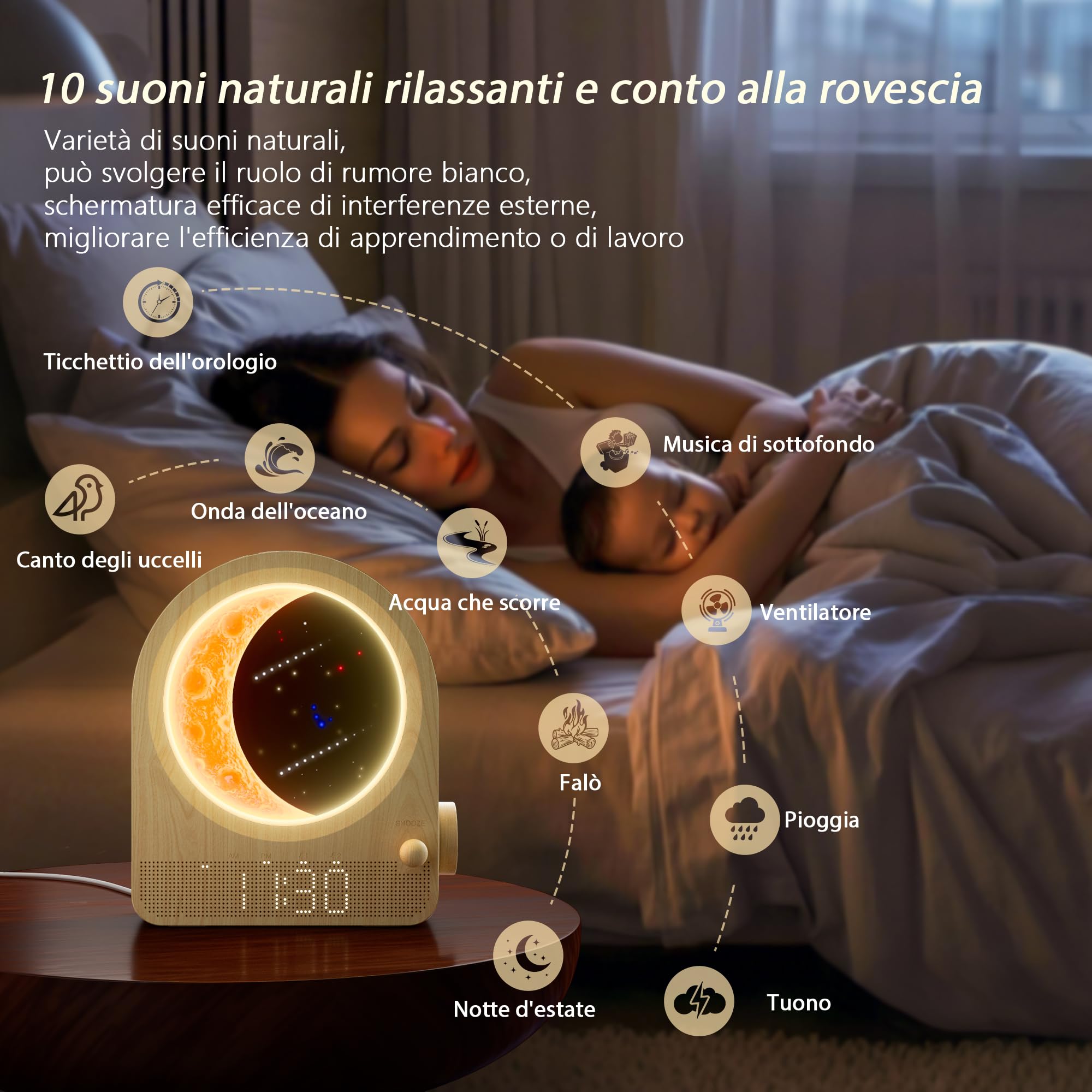 blonbar Sveglia e lampada lunare, lampada da comodino con sveglia luminosa, sveglia diurna, luce notturna con 3 livelli di luminosità, 10 suoni naturali, ideale per camera da letto (Legno chiaro)