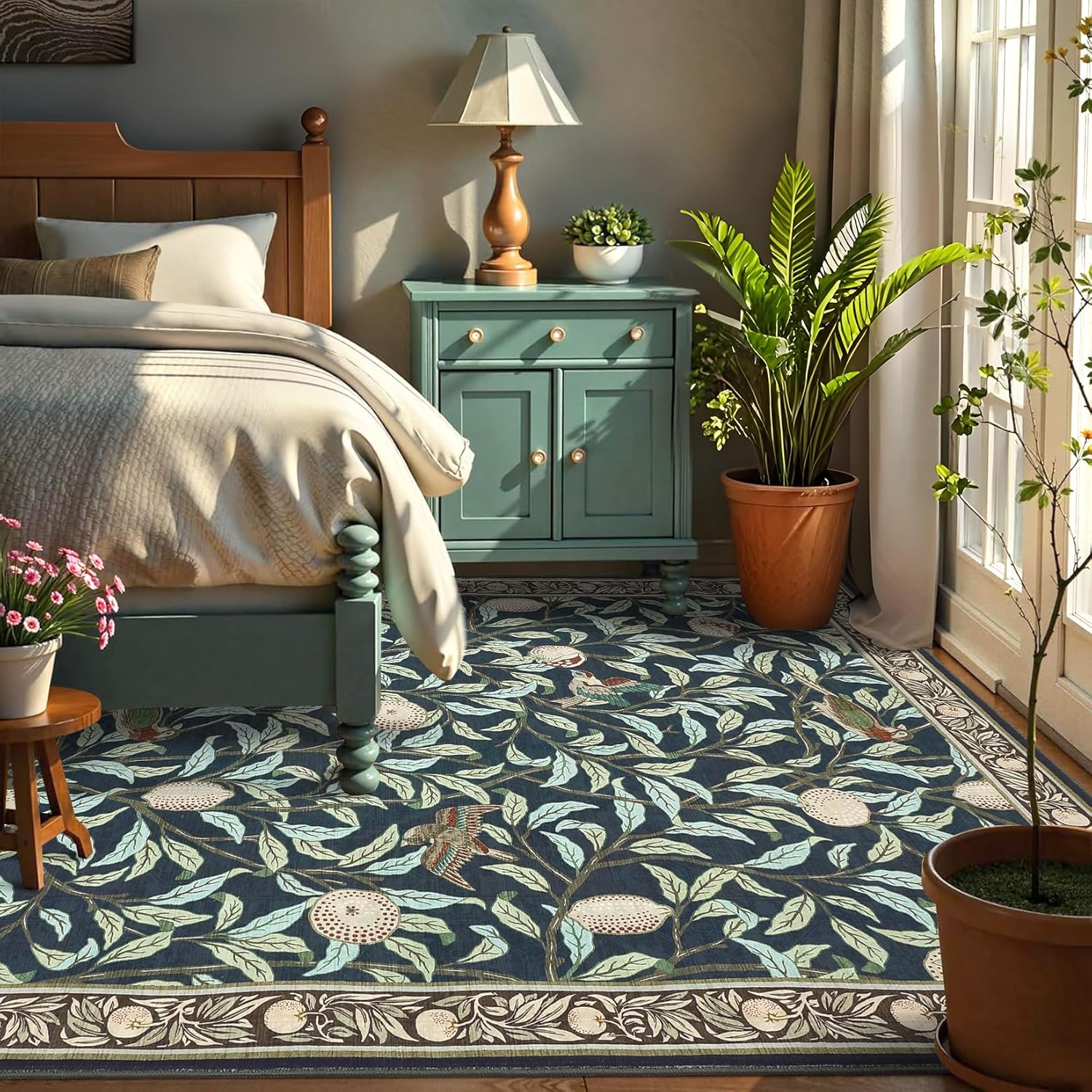 GarveeHome Boho Leaf Rugs for Bedroom, 5x7 Area Rugs for Living Room with Soft Low Pile, Non Slip Botanical Bird 5x7 Washable Rug for Dining Stain Resistant Indoor Navy Blue Carpet for Playroom Dorm