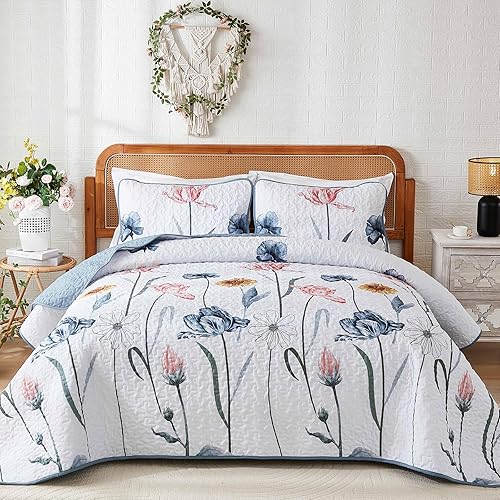 WONGS BEDDING Juego de edredón floral Queen, juego de colcha de 3 piezas azul y rosa, cubrecama botánico, colcha suave y ligera con flores de granja