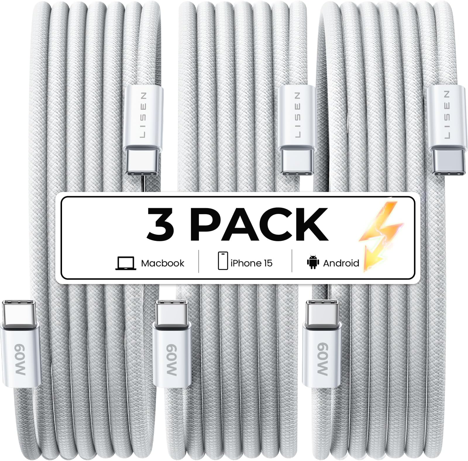 LISEN USB C to USB C Cable Charger for Certified 60W 3Pack 2M USBC to