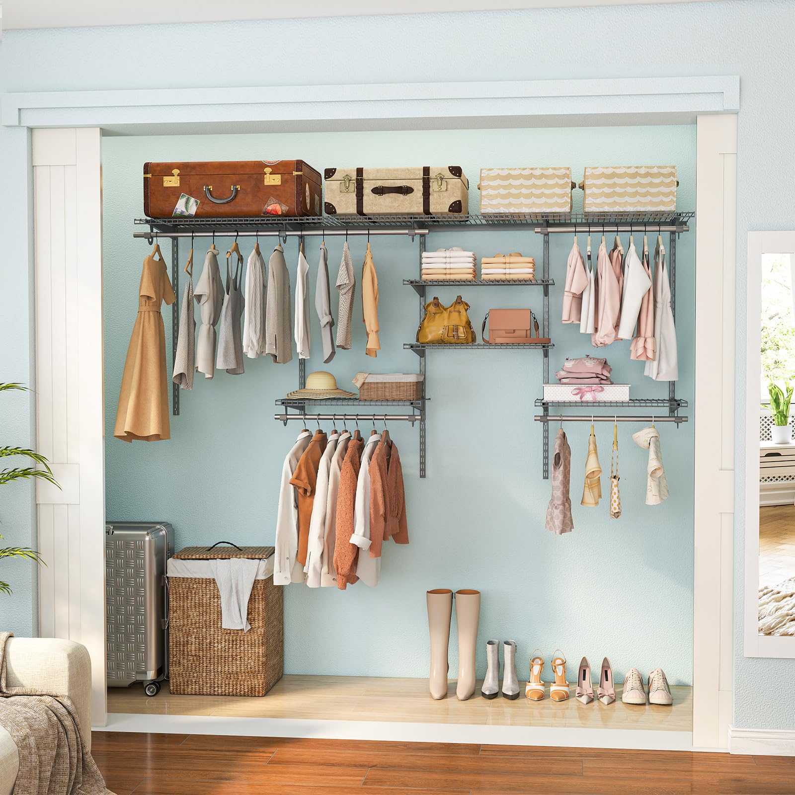 GIANTEX Système organisateur d'armoires à fil, kit d'armoire mural personnalisé avec étagères de rangement réglables, porte-bagages avec tiges, parfait pour manteaux, blanc/gris (gris)