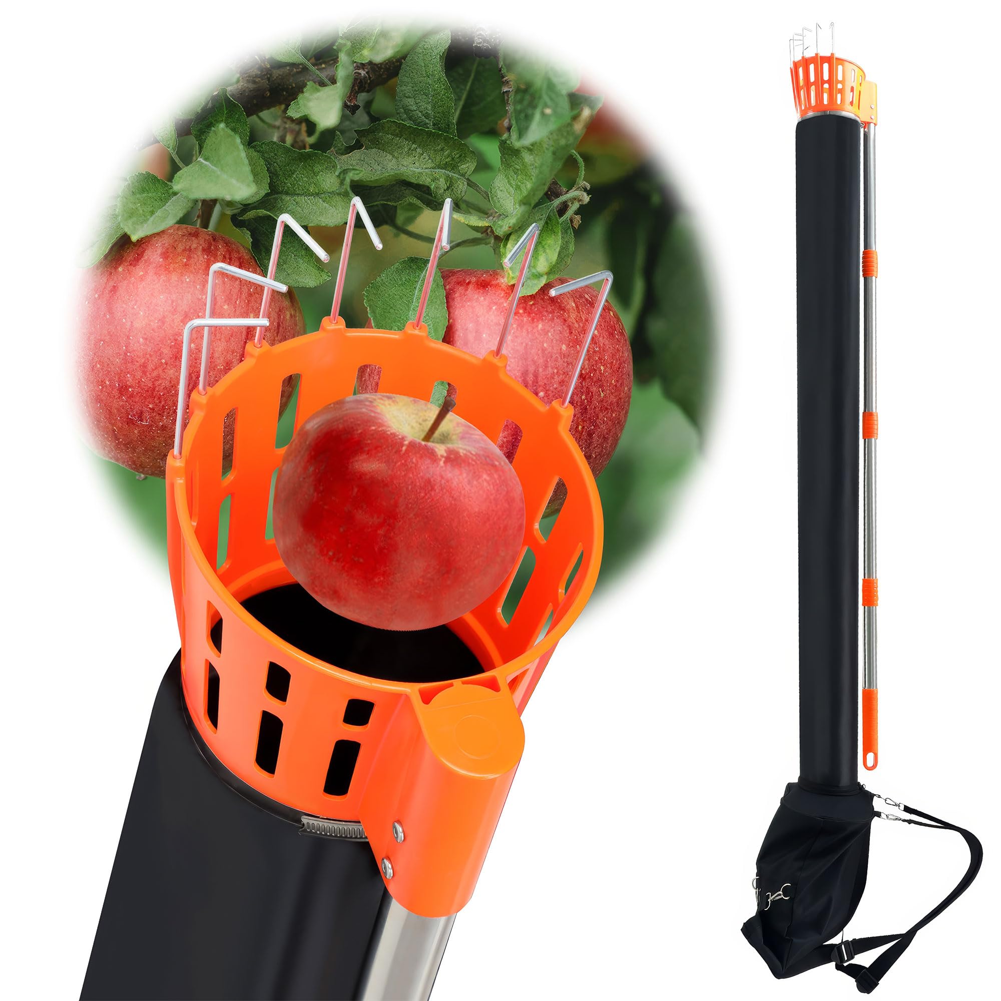 BOUDECH Pametik - Raccoglitore di Frutta a Imbuto Manico Telescopico 4m con Supporto e Borsa in Tessuto per Raccolta di Mele Arance Pere Arancione e Nero
