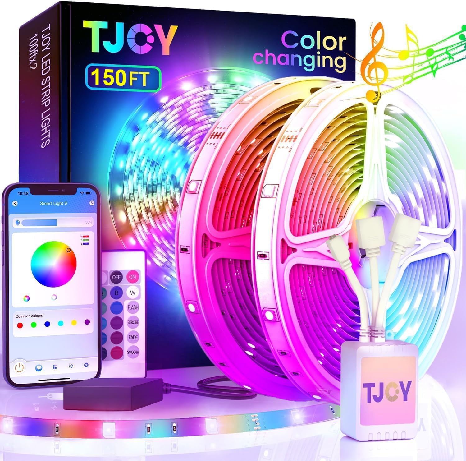 TJOY 150ft LED Strip Lights, Music Sync Tape Lighting, Bluetooth Long RGB Color Changing LED Lights for Bedroom with Remote,Smart Phone APP Control, Ceiling Living Room Decor (APP+Remote+Mic/2 Roll)