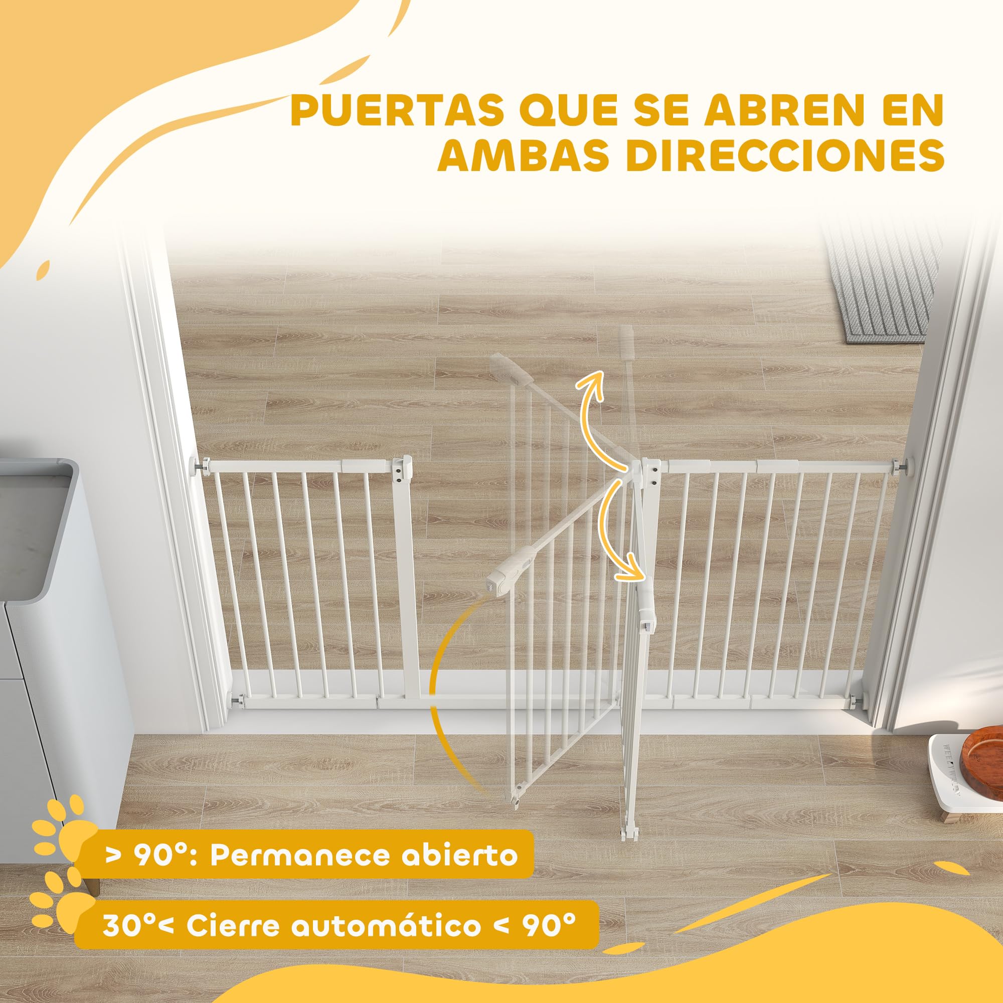 PawHut Barrera de Seguridad para Puertas y Escaleras Barrera para Perros con Cierre Automático y Sistema de Doble Bloqueo Metal 3 Extensiones 17,5/20,3/30,5 cm, 74-147,5x76,2 cm Blanco