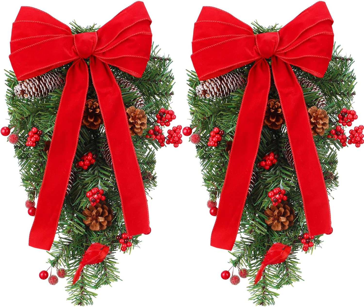 Suncalla 2 Pcs Christmas Teardrop Swag Decorations 20 Inch Christmas Artificial Norfolk Greenery Teardrop Wreath with Red Bow Pine Cones Berry for Indoor Outdoor Front Door Window Stair Hanging Decor