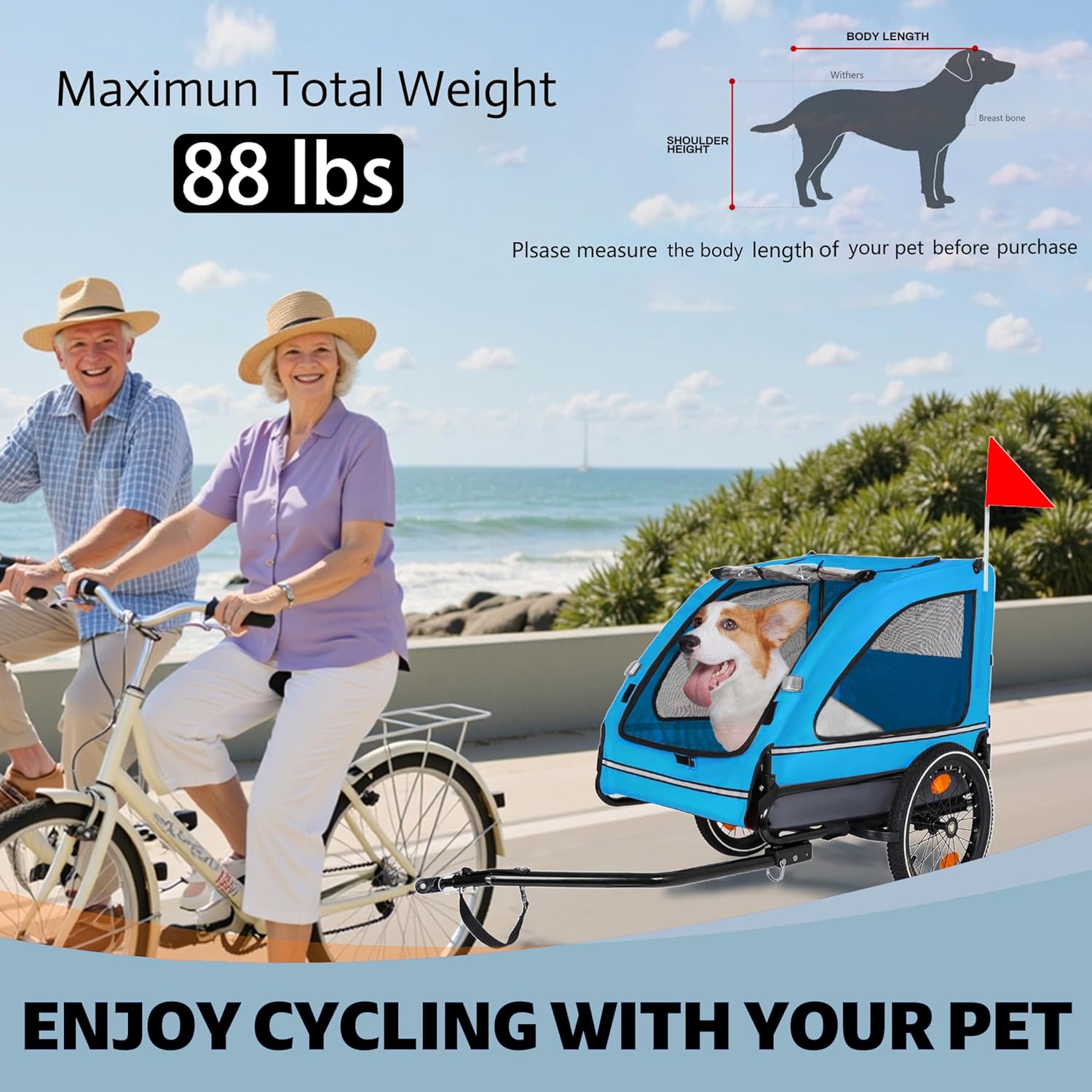 Pet Bike Trailer for Dogs: Blue Folding Pet Cart with Mesh Windows & Safety Flag - Steel Frame Bicycle Trailer for Urban Couples & Medium Pets Weekend Cycling Dates