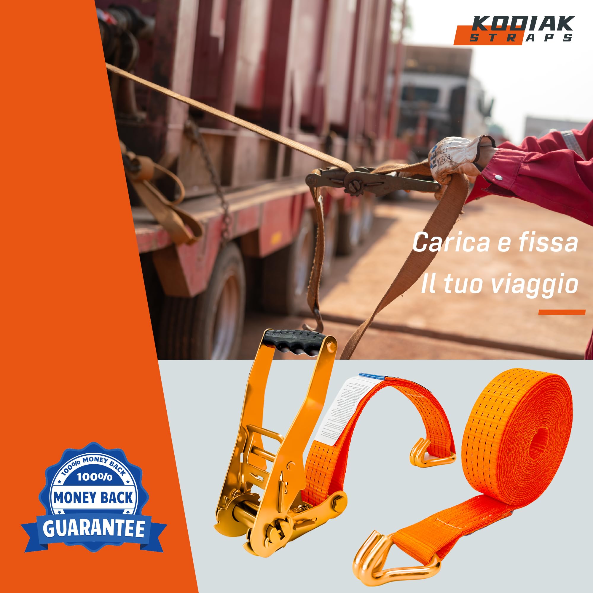4 Cinghie di Tensione 8m x 4000kg con Cricchetto e Ganci - Cinghie a Cricchetto da 50mm - Cinghia Arancione per la Sicurezza del Carico - Certificato TÜV/GS e secondo DIN EN 12195-2 - KODIAK STRAPS