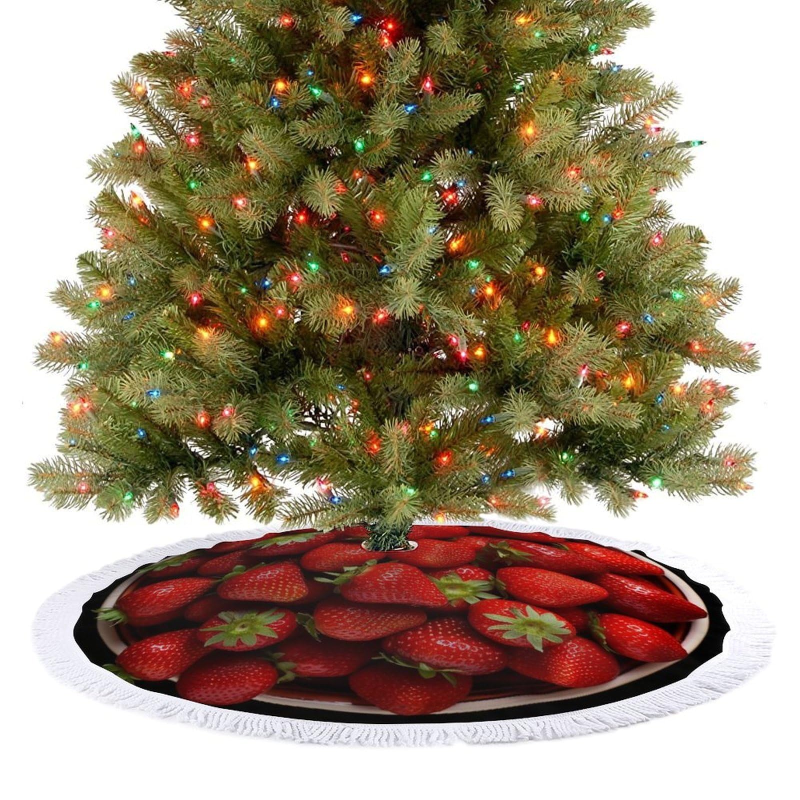 Strawberries in Bowl Christmas Tree Skirt 36"x36" Rustic Xmas Tree Mat with Tassel Ornament Christmas Trees Cover Skirt Mat for Evergreen Trees Ornament Winter Holiday Mats Decorations