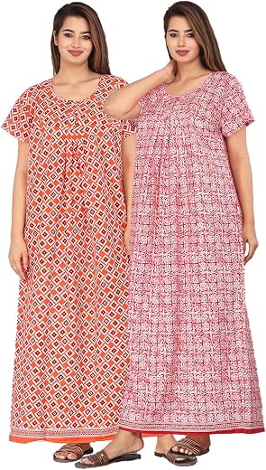 Kuruti B Sheets Brand 100% Cotton Nighty for Women || Long Length Printed Nighty/Maxi/Night Gown/Sleepwear for Women's (Co...