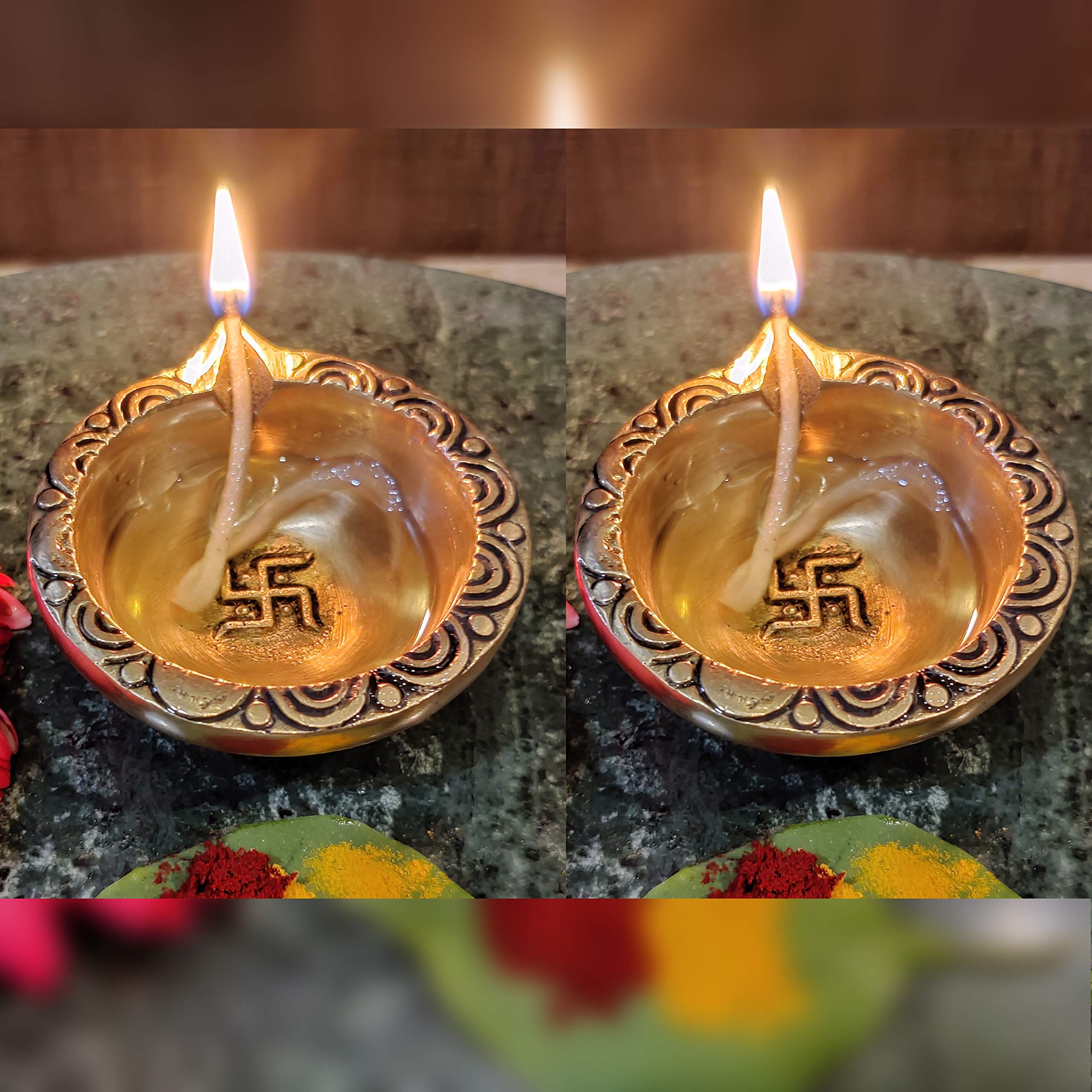 Divya Mantra Swastik Laxmi Brass Diya Indian Diwali Oil Lamp Pooja Light Puja Decorations Mandir Decoration Items Handmade Table Home Backdrop Decor Lamps Made in India Decorative Diyas - Gold (10) - Image 6 thumbnail