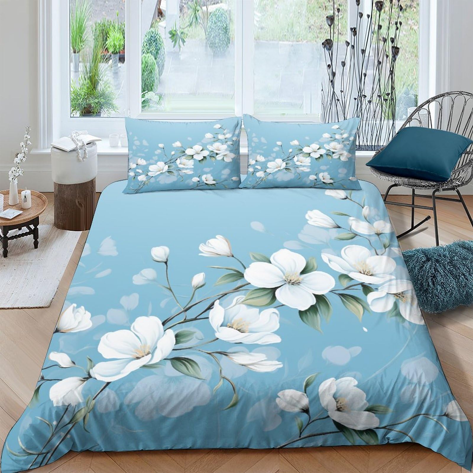 Parure de lit 200x200cm de qualité supérieure housse de couette microfibre blanche motifs fleurs