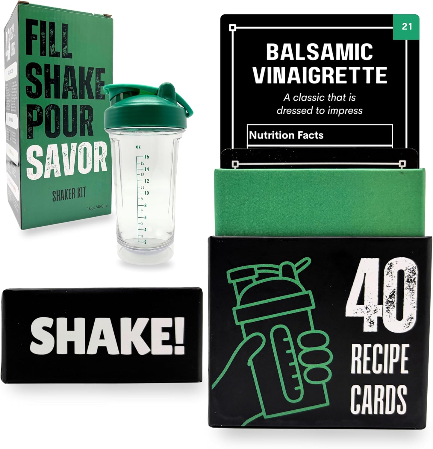 Salad Dressing Shaker Bottle with Recipe Cards | Just Measure to the Line and SHAKE! | Over 40 Chef-Inspired Recipes | Dressings, Sauces, Marinades, Dry Rubs | Nutrition Facts | BPA-Free Bottle