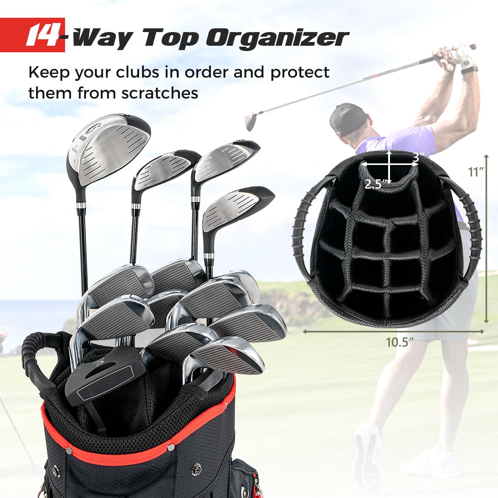 KOTEK Golf Cart Bag, 14 Way Divider Top Golf Club Bag with Cooler, Rain Hood, 8 Pockets, Umbrella Holder, Handle & Detachable Shoulder Strap, Lightweight Golf Bag for Men Women (Black)