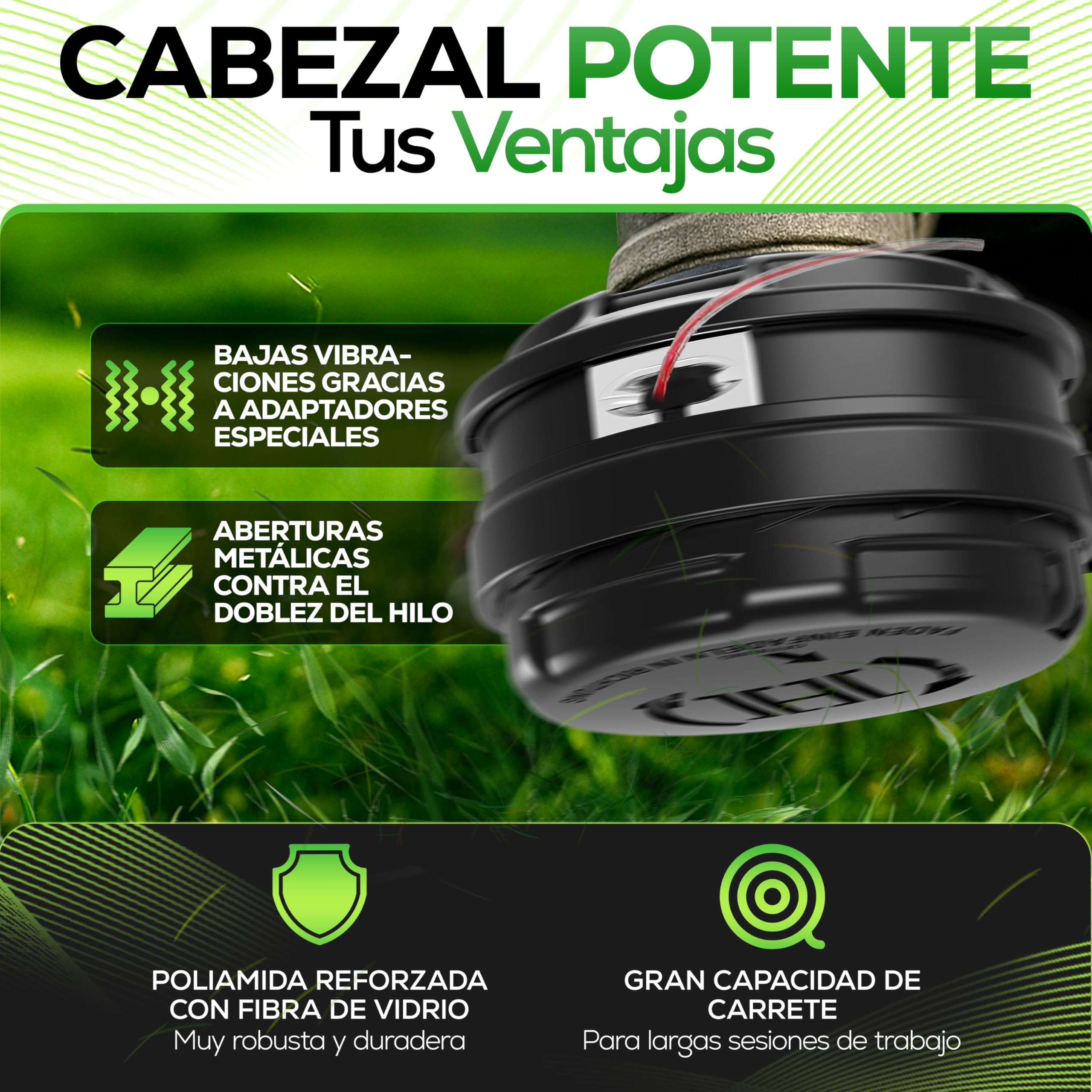 Heckenpracht Cabezal de hilo para desbrozadora, rosca izquierda con sistema Tap & Go, eficiente corte del césped con cabezal de corte para desbrozadora con función de carga rápida – bobina de hilo