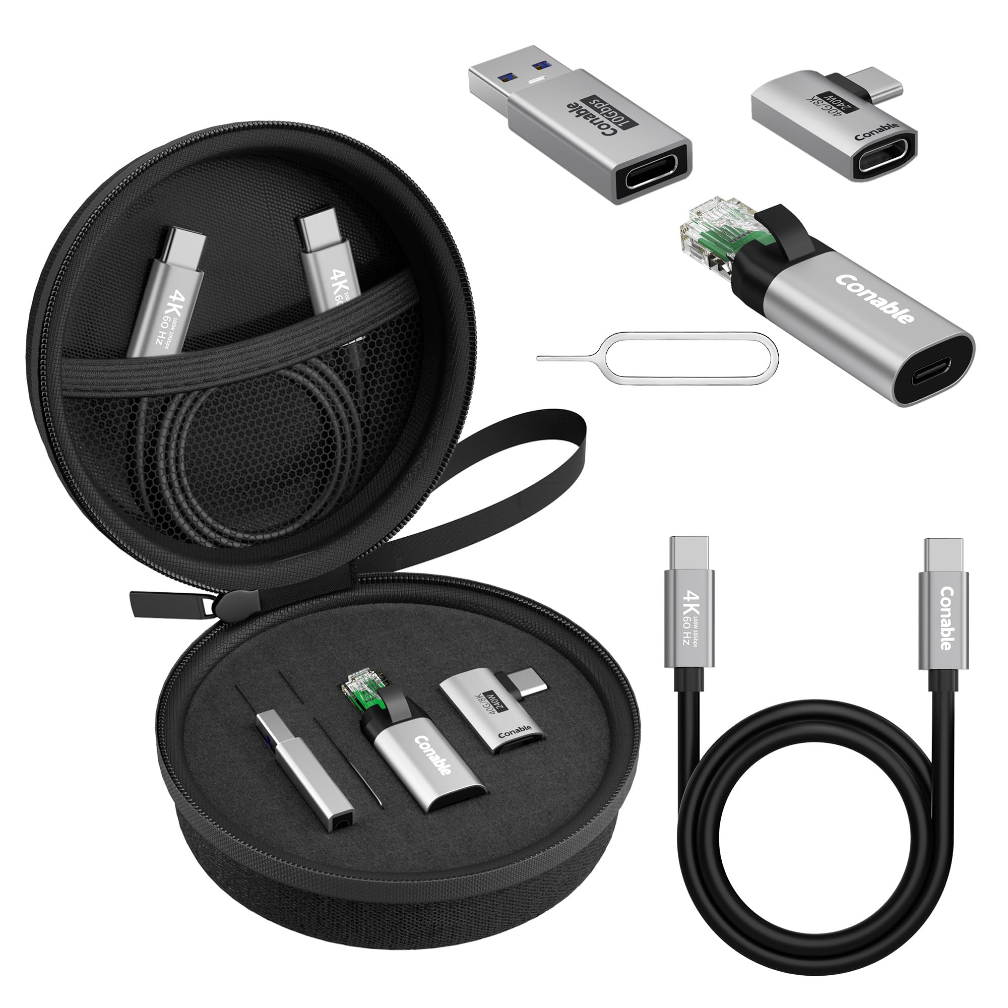 Adaptateur de voyage USB 6 en 1, pour Internet/données/chargement/vidéo, comprend : adaptateur USB-C vers RJ45, câble Type-C 3.1, connecteur USB vers USB-C, convertisseur USB4 à angle droit, outil