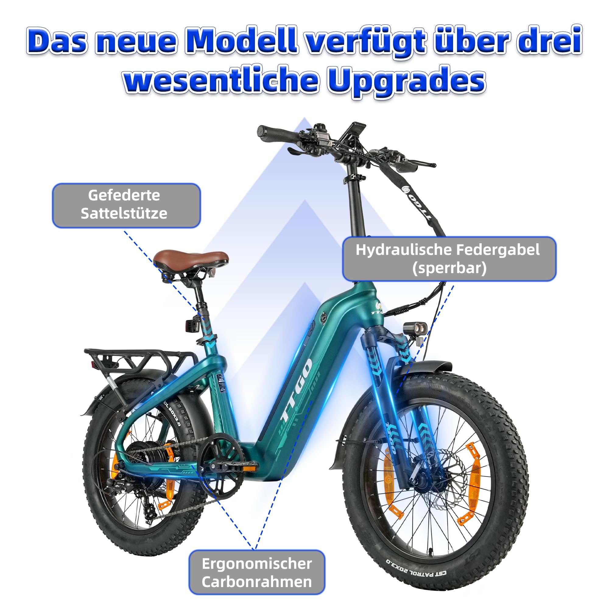 ttgo F8 E-Bike 20 Zoll Fat Tire für Damen & Herren, Pedelec mit 48V 18Ah Akku abnehmbar, bis 150 km Reichweite, 250W Heckmotor 70Nm, Shimano 7-Gang, Carbonrahmen, StVZO