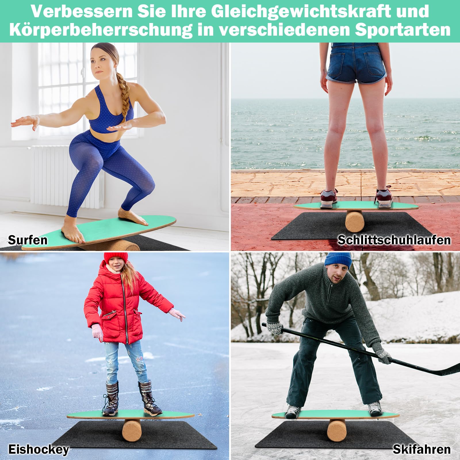 GYMAX Balance Board aus Holz, 15 mm BalanceBoard mit 10mm Korkrolle & rutschfeste Matte aus Filz, Indoor Surfboard, Wackelbrett, Gleichgewichtsboard für Kinder & Erwachsene