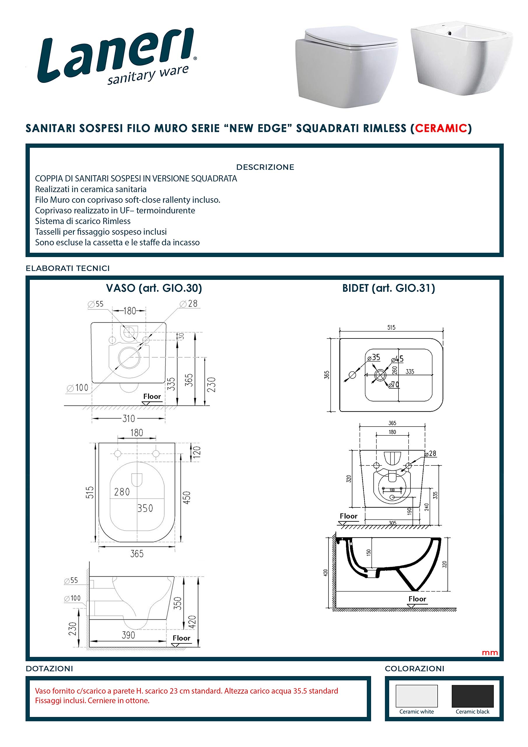 COPPIA SANITARI SOSPESI SENZA BRIDA FORMA SQUADRATA NERO OPACO COPRIVASO SOFT-CLOSE INCLUSO
