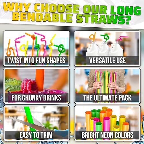 Miniatura 4 de Paquete de 200 pajitas flexibles de plástico extralargas  Pajitas flexibles desechables para cóctel  Coloridas pajitas rizadas de neón de 17