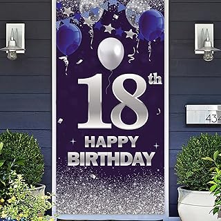 Happy 18th Birthday Banner Backdrop Navy Blue and Silver Balloons Confetti Stripe Flag Cheers to 18 Years Old Theme Decorations Decor for Men Women 18th Birthday Party Bday Supplies Favors Glitter