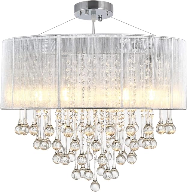 HOMCOM Elegant Modern Crystallite Ceiling Chandelier Light Pendant w/ Round Drum Shade 40W Home Lighting Furnishing Silver, 54 x 40cm