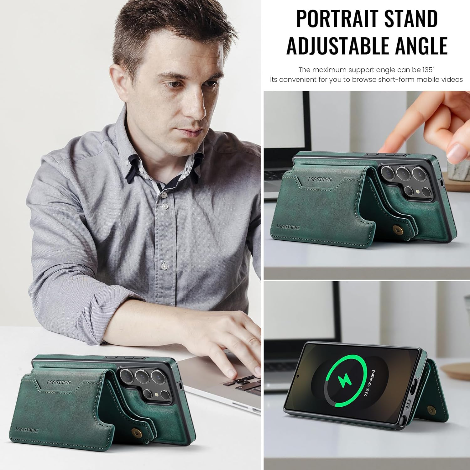 2 in 1 Detachable Wallet & Phone Case for iPhone 14, Supports Wireless Charging Magnetic Button case Cover Green