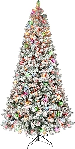 Puleo International Árbol de pino de Virginia flocado preiluminado de 6.5 pies, 787 puntas, 300 luces incandescentes multicolor UL