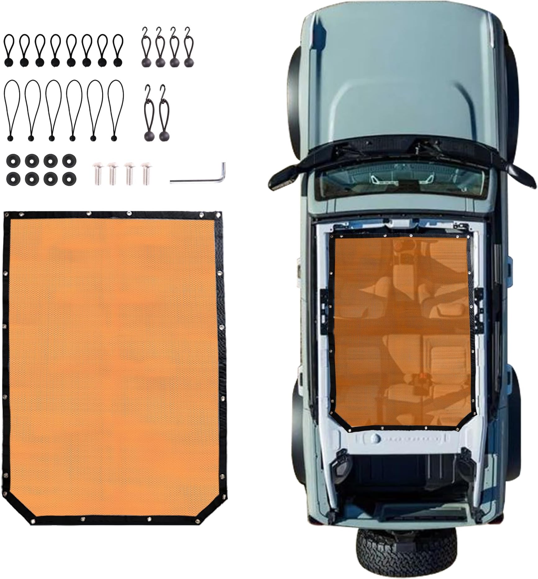Sunshade Compatible with 2021 2022 2023 New Ford Bronco 4 Door Sun Shade Bikini Top Roof Bimini Soft Mesh Net Exterior Accessories, Blocks UV, Wind, Noise, Orange