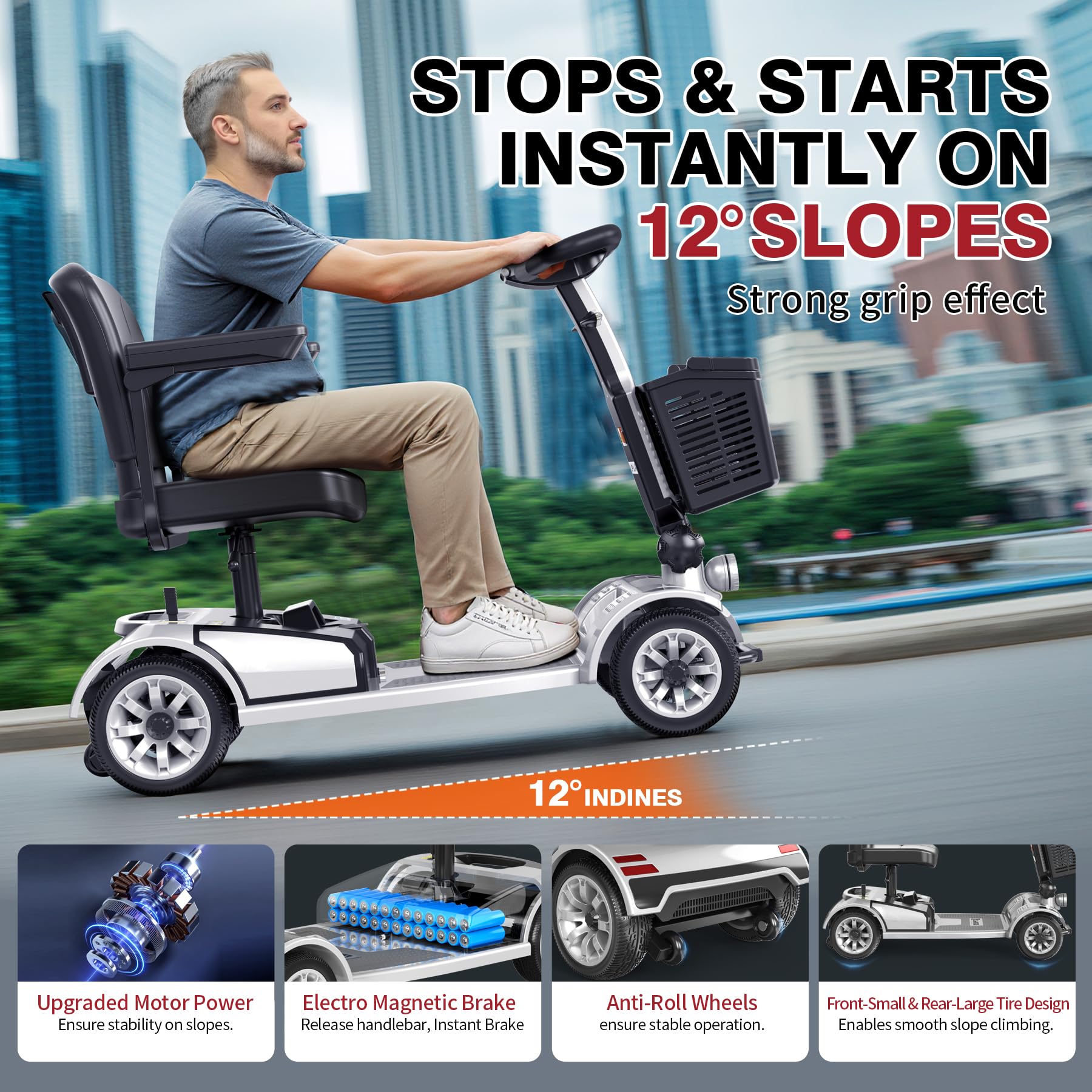 Scooter de movilidad plegable, silla de ruedas eléctrica plegable de 4 ruedas para adultos y personas mayores, con batería de largo alcance, cesta y luz para coche