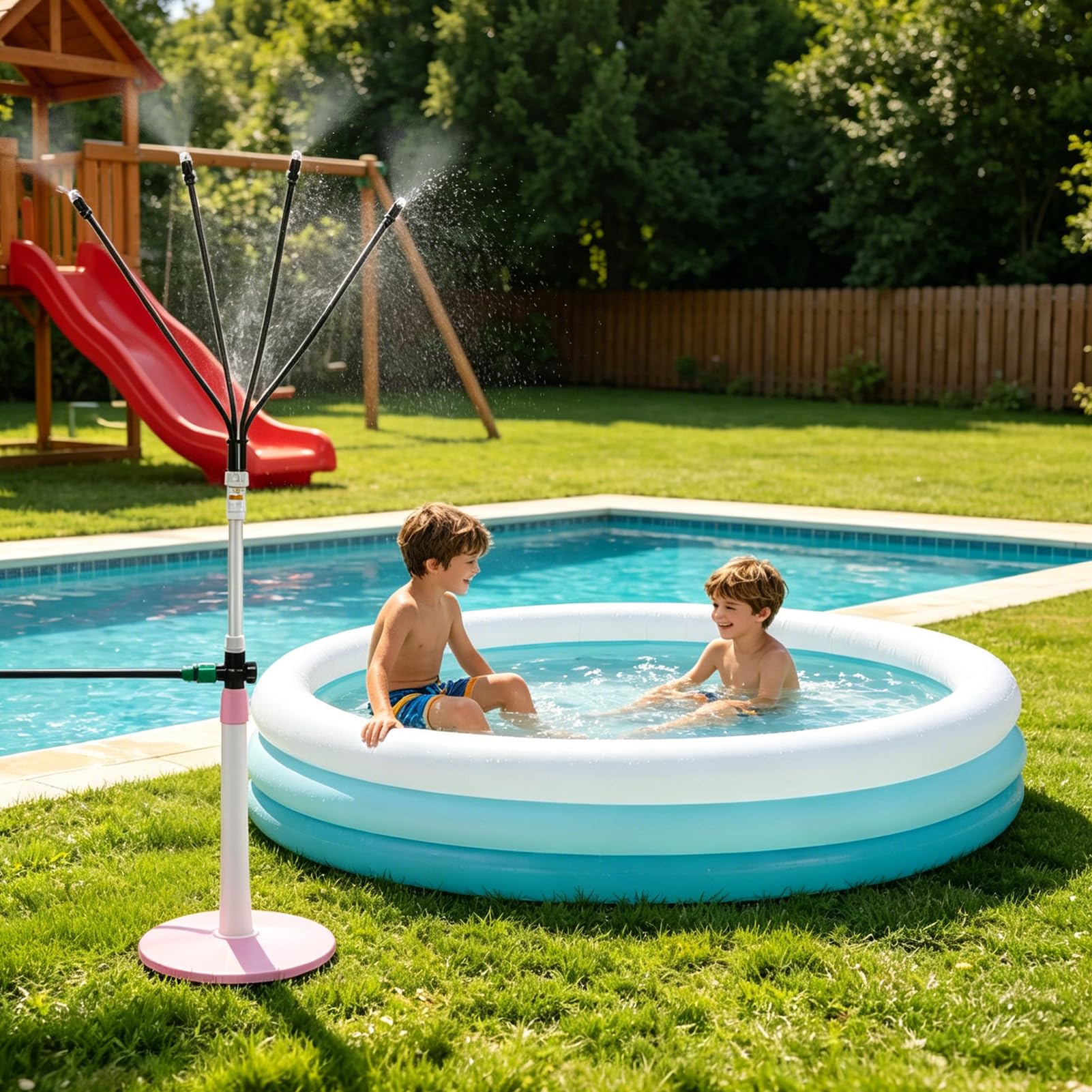 Sistema de riego de pulverización de pie, altura ajustable con manguera de 10 m, boquilla de latón, niebla triangular, refrigeración para exteriores, jardín, terraza, piscina, salón de bronceado (115