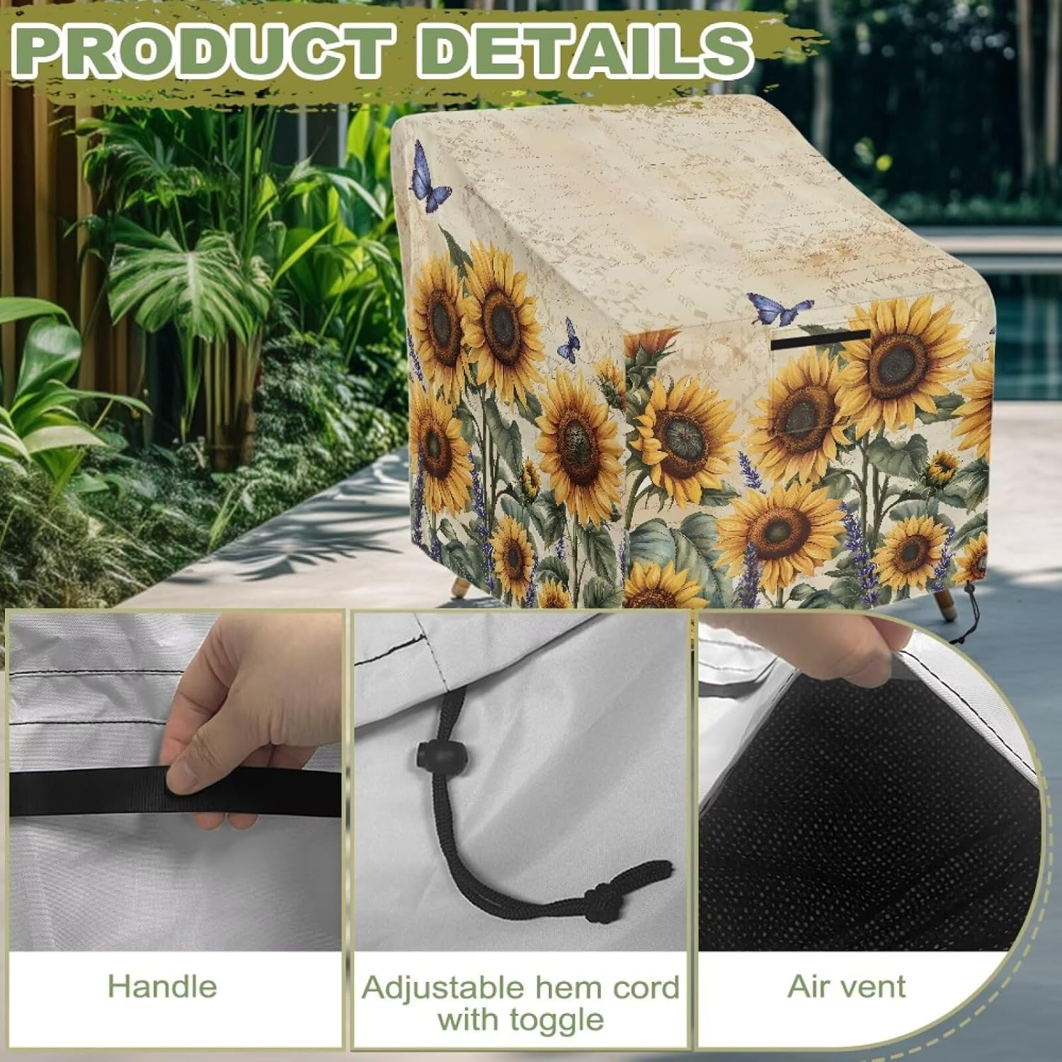 Sunflower Butterfly Print Single Patio Chair Cover Heavy Duty Outdoor Chair Cover with Handle Waterproof Patio Furniture Covers, 38"x38"x36"