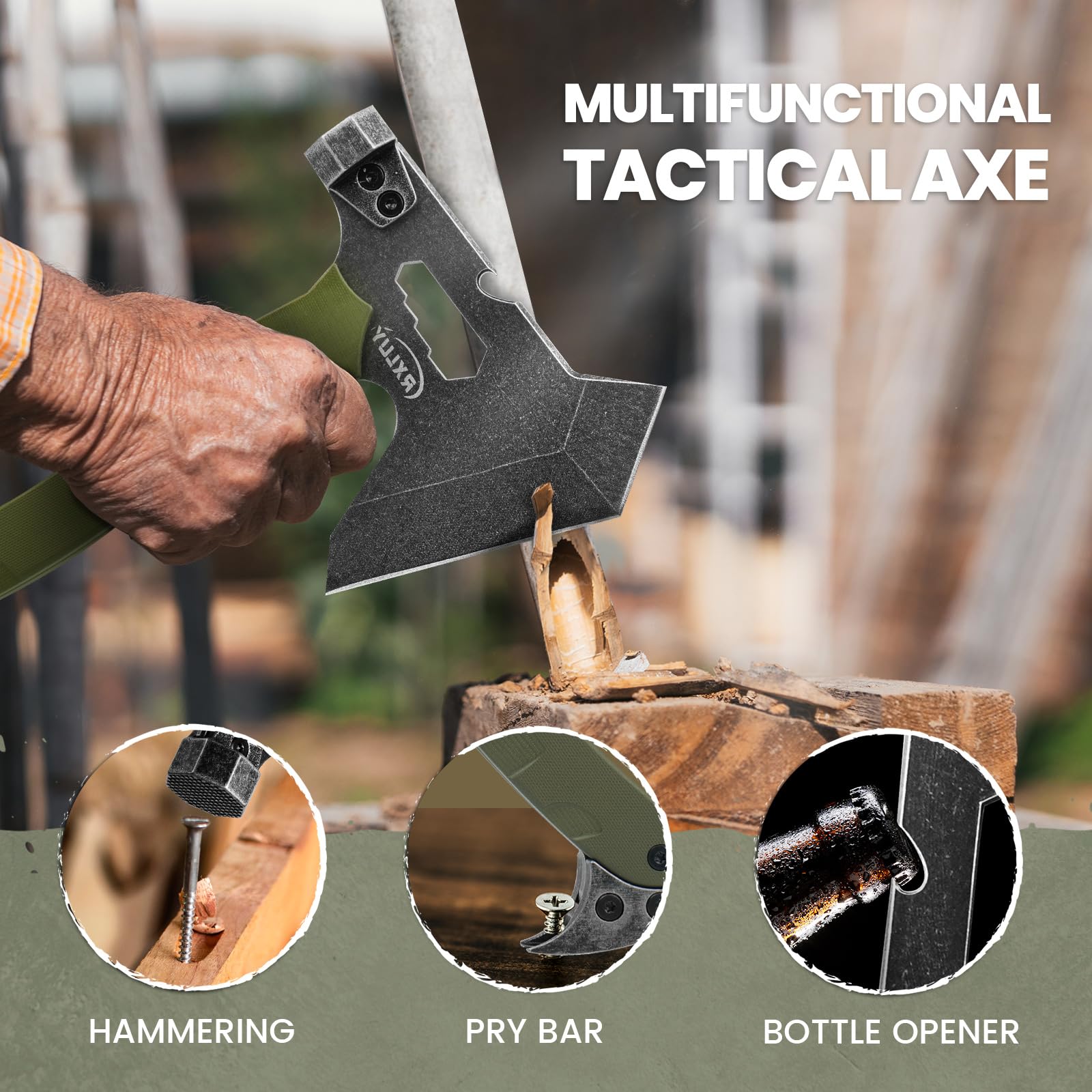 RXLUY Tactical Axe with G10 Handle Camping Survival Hatchet, Multifunctional Hiking Outdoor Heavy Duty Full Tang Tomahawk Tools with Hammer, Unique Design Crowbar, Leather Sheath (Green)