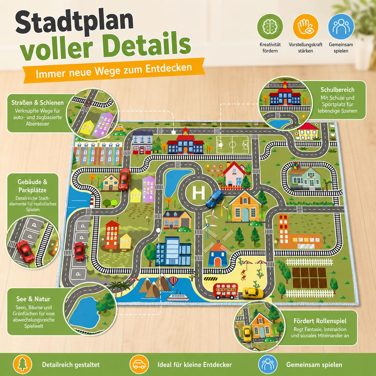 Kinder spielteppich Auto Jungen & Mädchen Teppich Straßenteppich Bauteppich Stadtstadt Lernbereich Teppich Pädagogischer Antirutsch für Kinderzimmer Grau Blau Grün(B,120X180CM)