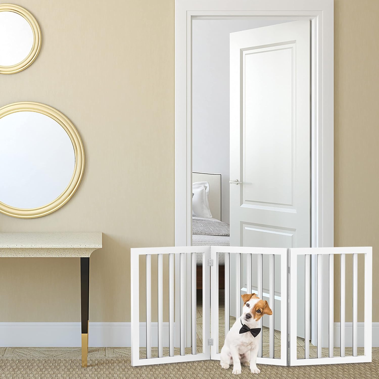 Pet Gate - 3-Panel Indoor Foldable Dog Fence for Stairs, Hallways, or Doorways - 55x24-Inch Retractable Freestanding Dog Gates by PETMAKER (White) White 3 Panel