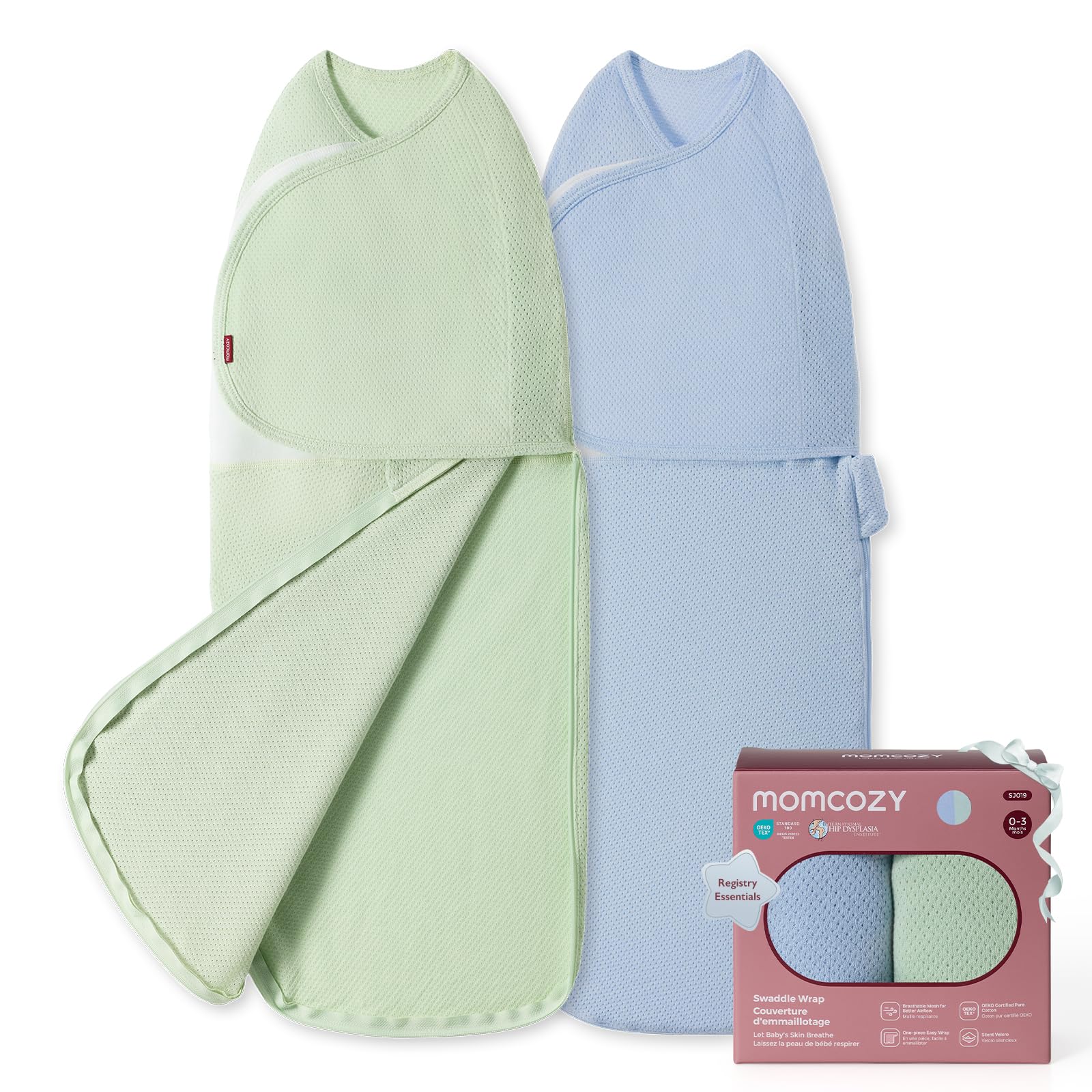 momcozy Swaddle Neonato AirFlow Sacco Nanna Cotone 2 Pezzi Blu Verde 0-3 M | Tessuto in Cotone AirFlow Traspirante, Ideale per il Riposo Fresco e Sicuro del Neonato contro il Riflesso di Moro