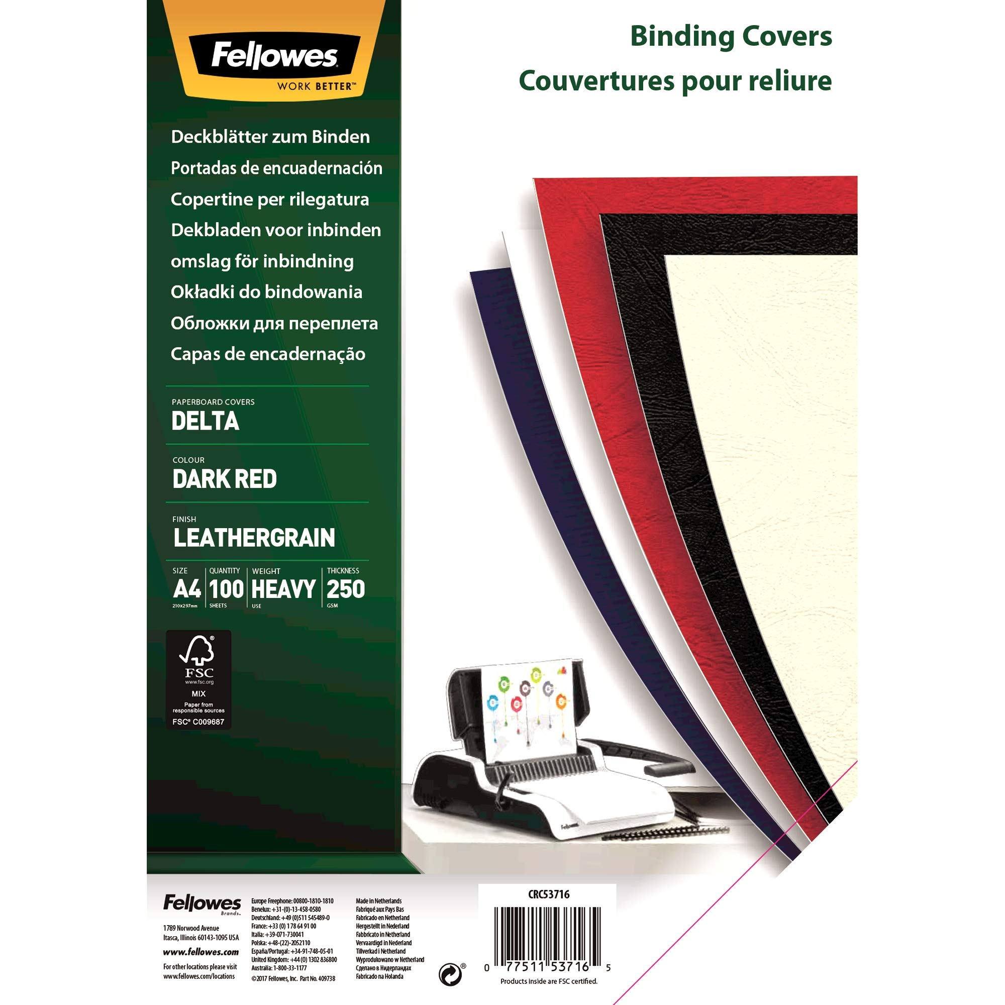 Fellowes 5371601 Präsentationsdeckblätter Delta (Lederstruktur), 250g/m², dunkelrot, 5371603