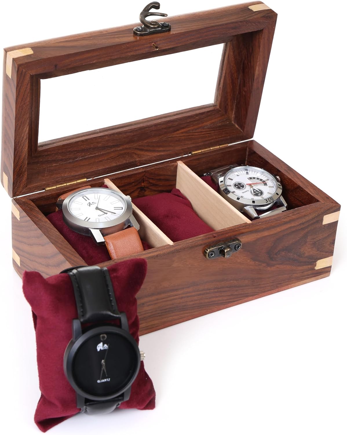 Wooden Watch Box for Men & Women, Premium Watch Organizer Case with Glass Display Lid, Durable Storage Holder for Watches, Elegant Gift for Collectors & Enthusiasts (3 Slot)