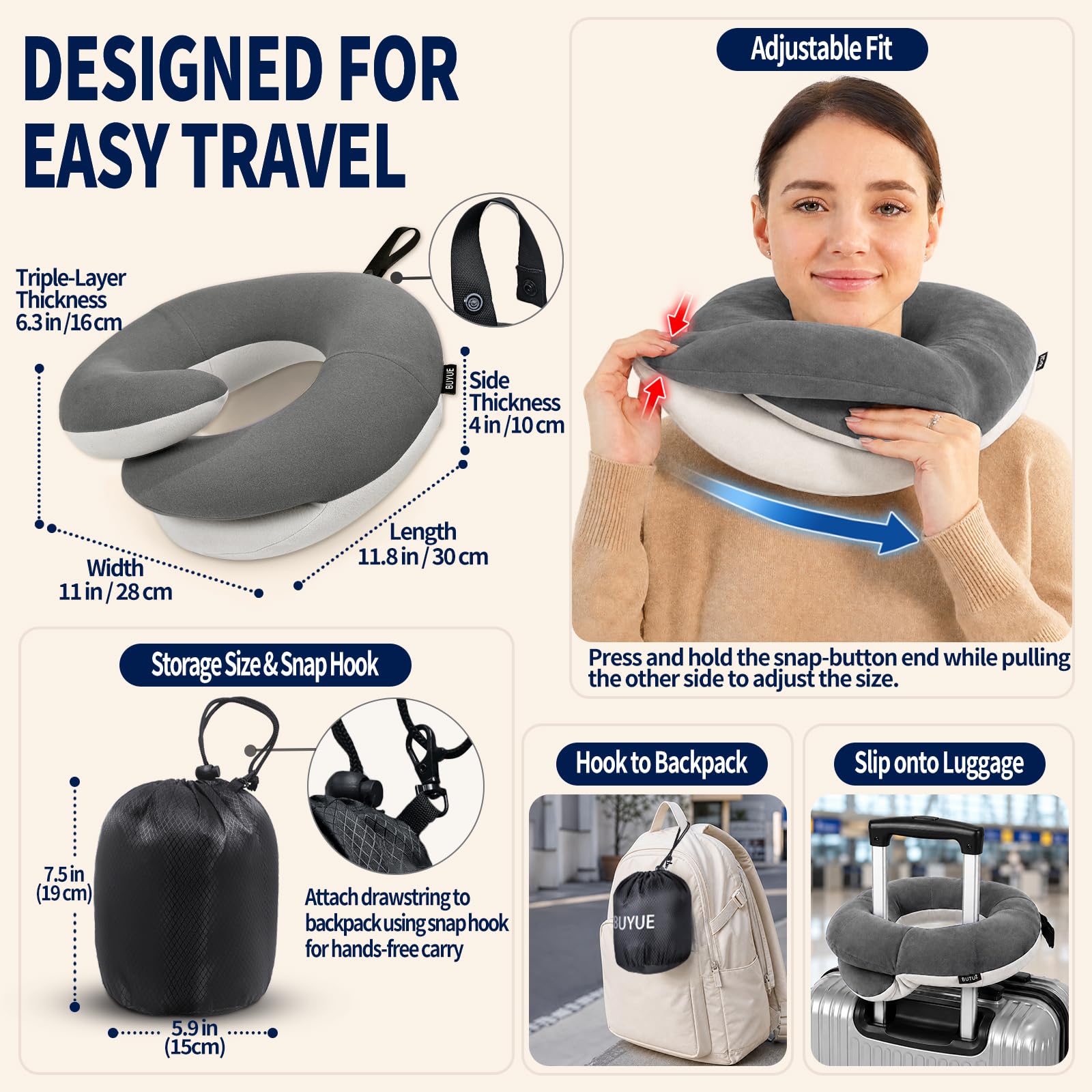 BUYUE Almohada de viaje para el cuello para aviones, reposacabezas de 360° para dormir en vuelos largos, kit con máscara de ojos contorneada 3D, tapones para los oídos y bolsa de almacenamiento (para